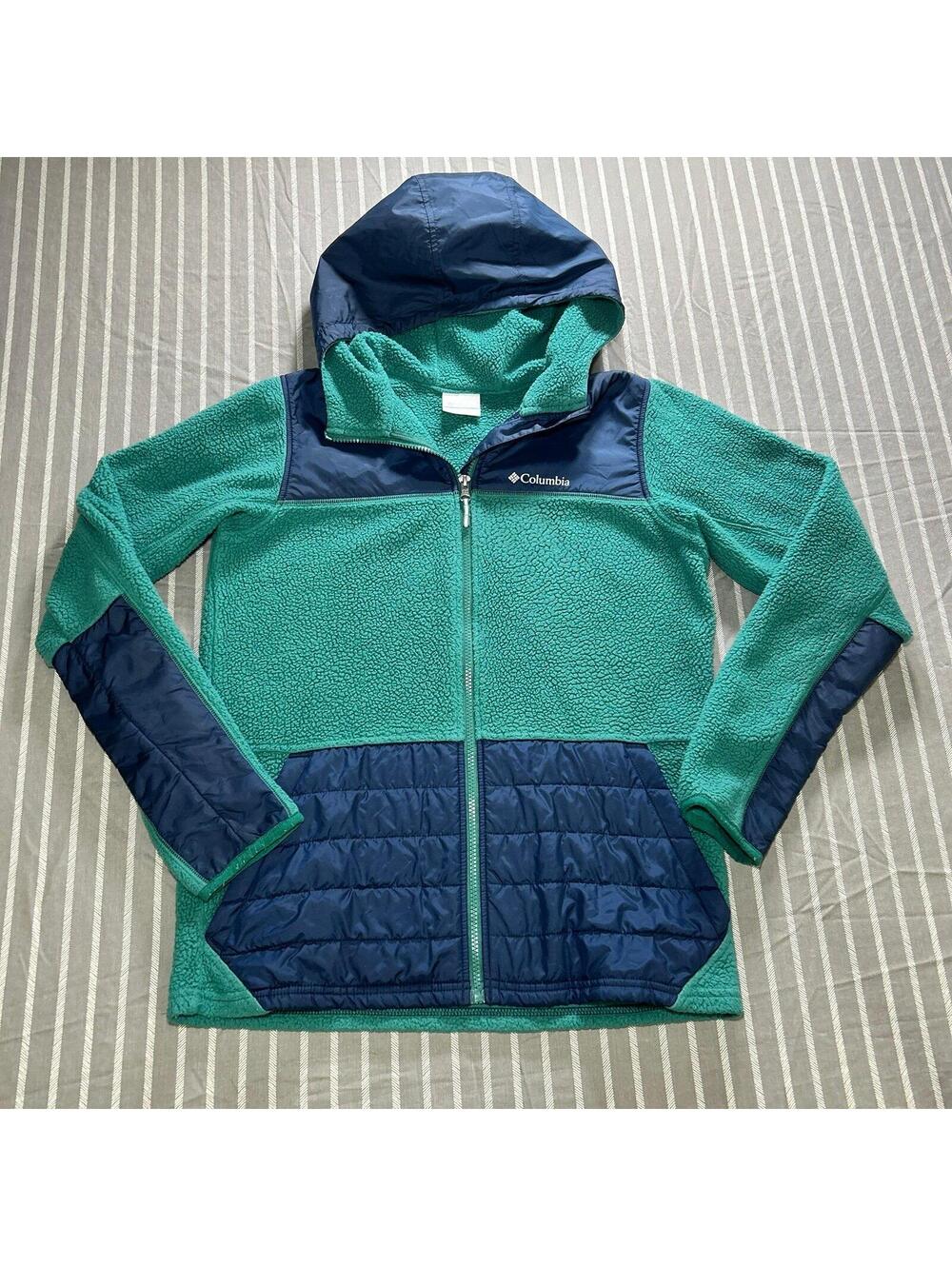 Columbia Boy's Hooded Fleece Jacket in green and navy blue Size XL